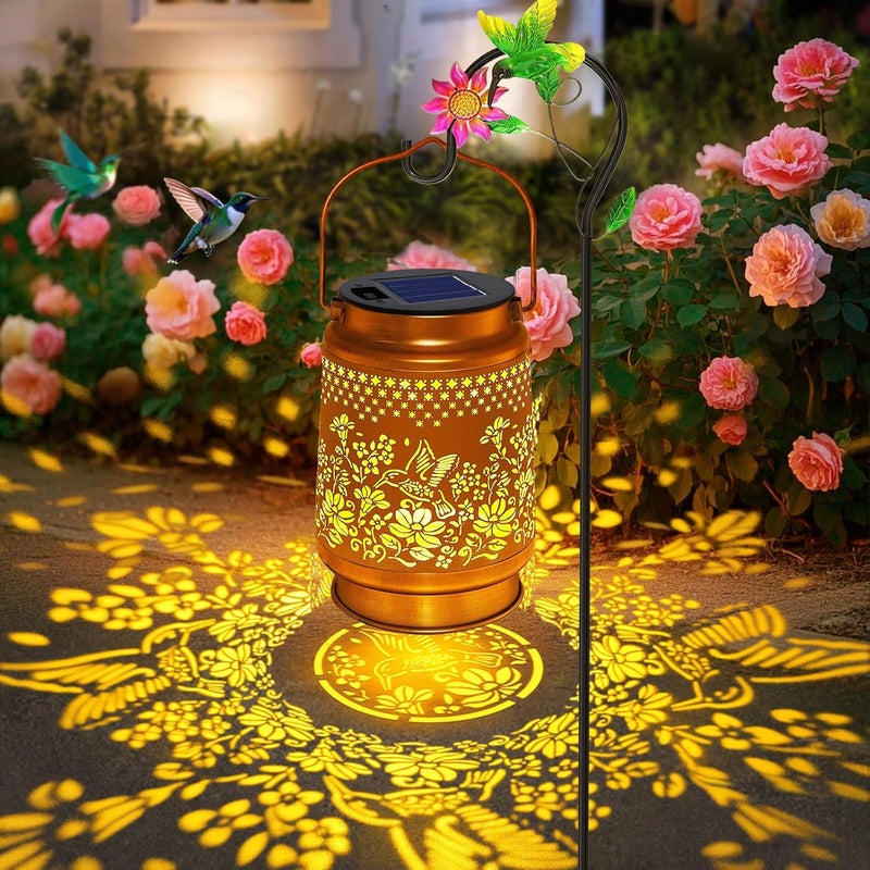 SANDECO Solar Lanterns Outdoor Hummingbird Garden Decor, Gifts for Women Mom Grandma Birthday, Metal Hanging Solar Lights Waterproof with Shepherd Hook LED Decoration Outside for Garden Yard Patio Porch - Image 1